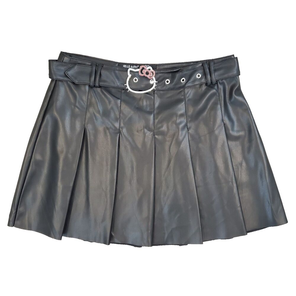 Hello Kitty BLack Faux Leather Pleated Mini Skirt Embellished Belt M Goth Grunge